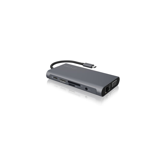 Priklopna postaja USB-C => 3x USB tip A 1xUSB-C PD 100W 1x HDMI 1x VGA 1x RJ45 1x 3,5mm avdio 1x čitalec kartic SD/microSD Icybox (IB-DK4040-CPD)