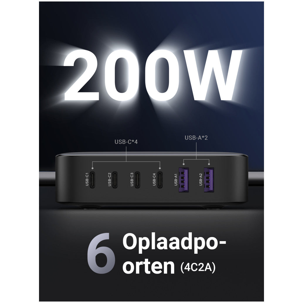 Hišni polnilec 100-240V => 2x USB-A (ž) 4x USB-C 200W GaN II Ugreen - črn (40914)