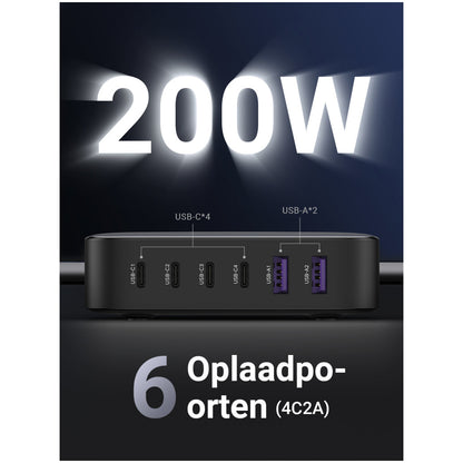 Hišni polnilec 100-240V => 2x USB-A (ž) 4x USB-C 200W GaN II Ugreen - črn (40914)