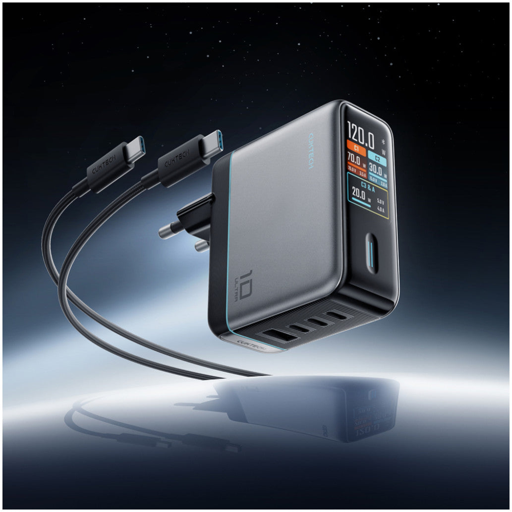Hišni polnilec 100-240V => 3x USB-C USB-A 120W AD1204U z IPS zaslonom priložen kabel USB-C Cuktech srebrn (AD1204U)