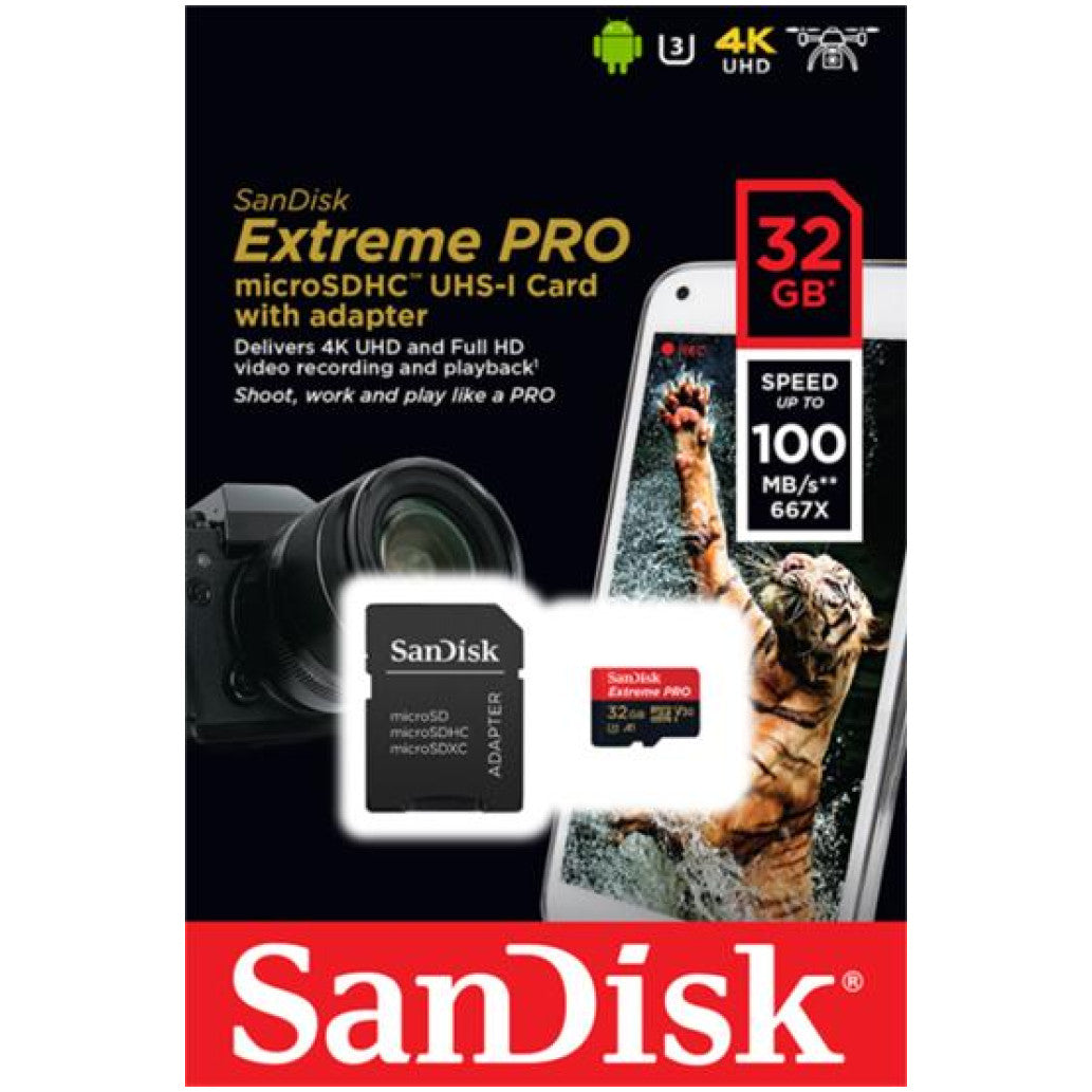 Spominska kartica microSDXC 32GB Sandisk Extreme Pro 100MB/s/90MB/s U3 V30 UHS-I +adapter (SDSQXCG-032G-GN6MA)