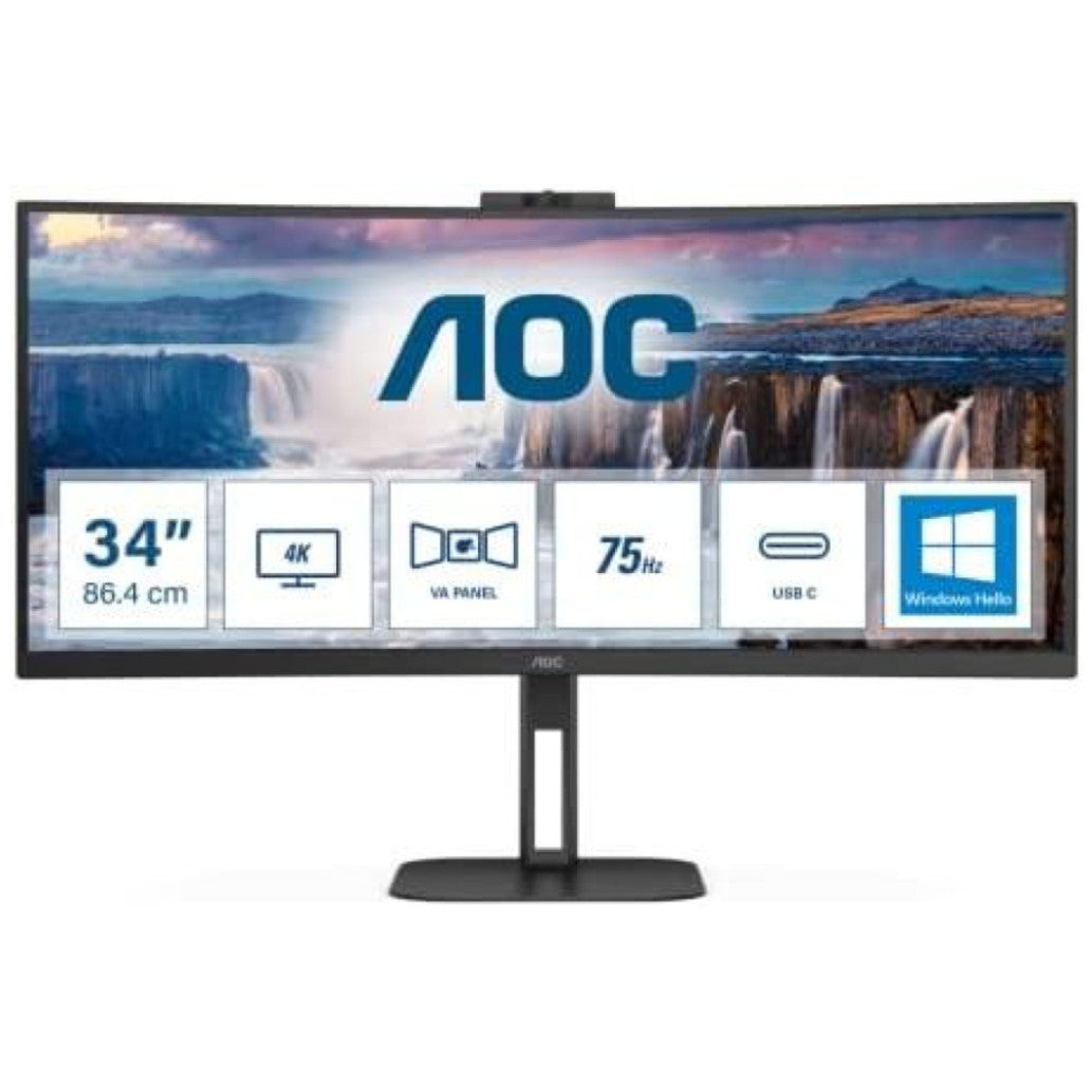 Monitor AOC 86,4 cm (34,0") CU34V5CW 3440x1440 Curved konferenca 100Hz VA 1ms HDMI DisplayPort USB-C 65W 4xUSB3.2 HAS Kamera Zvočniki 2x5W  DCI-P3-92% V5