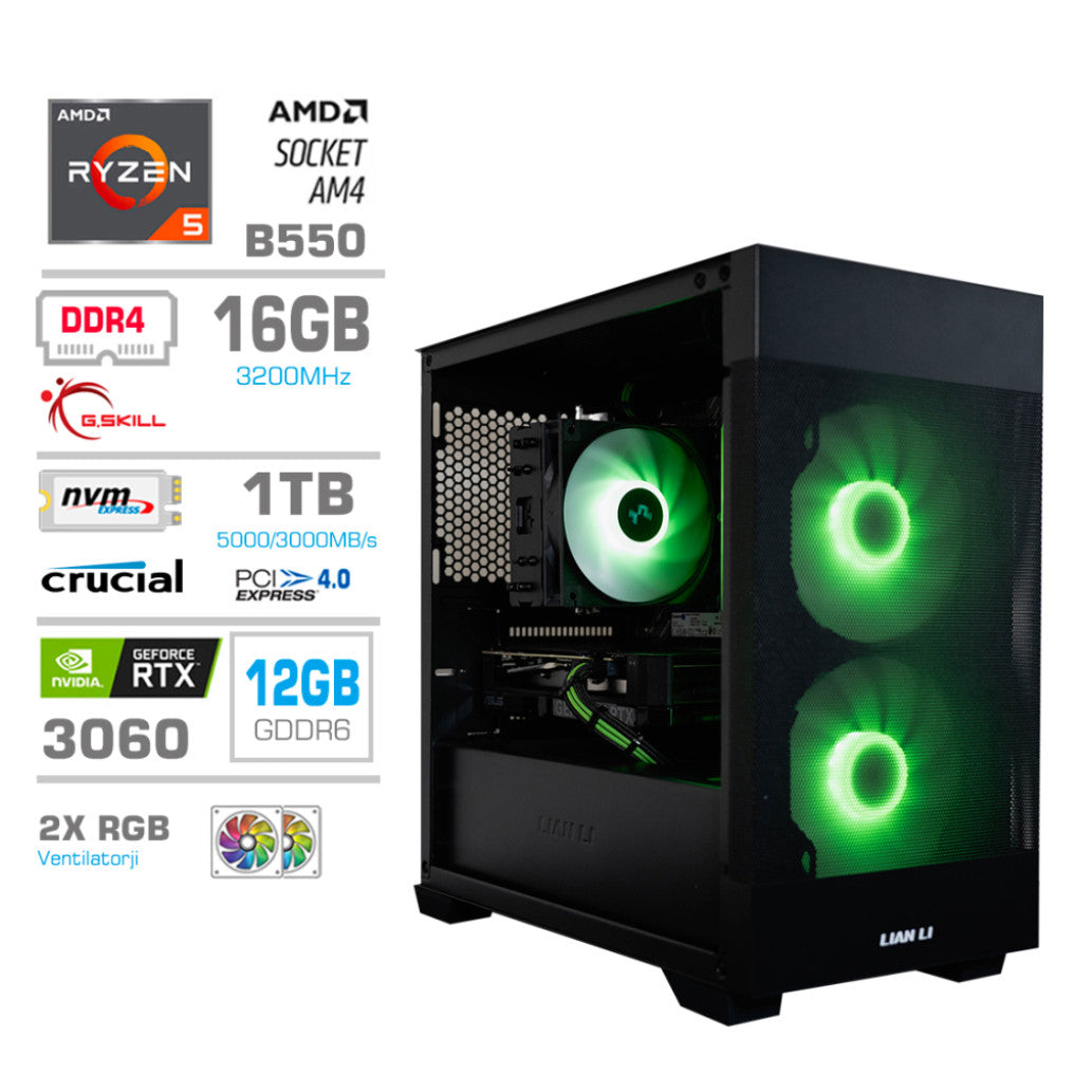 Računalnik MEGA MT S7X R5-5600X/RTX3060/16GB/1TB/750W/Brez OS/črna RGB + Estetski napajalni kabli [Zelena / Črna]