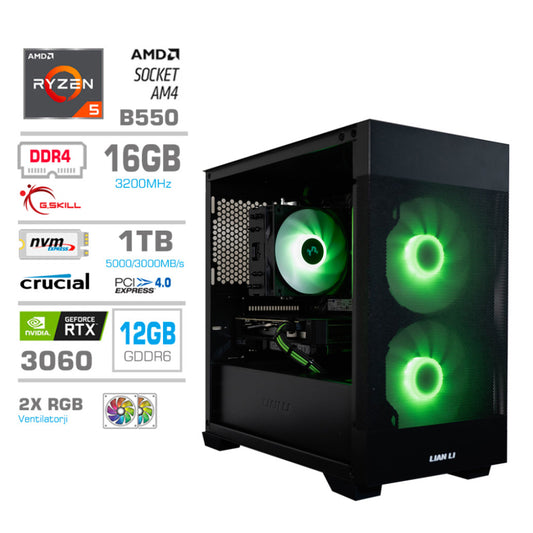 Računalnik MEGA MT S7X R5-5600X/RTX3060/16GB/1TB/750W/Brez OS/črna RGB + Estetski napajalni kabli [Zelena / Črna]