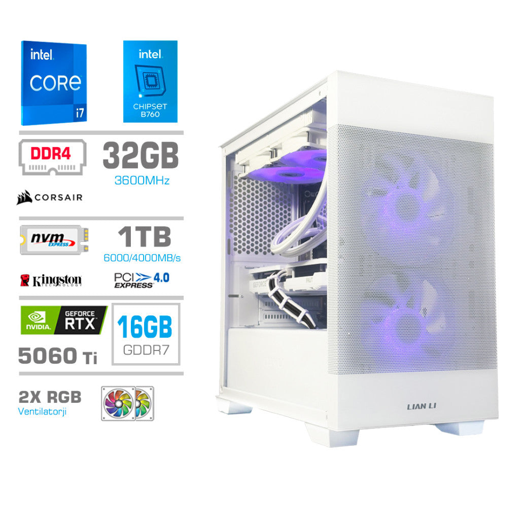 Računalnik MEGA MT S7X i7-14700F/RTX5060Ti-16GB/32GB/1TB/750W/Brez OS/bela RGB + Estetski napajalni kabli [Vijolična / Bela]