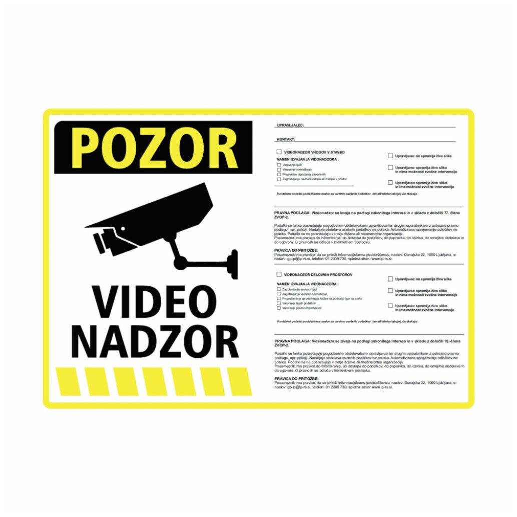 Nalepka "VIDEONADZOR" A5(190x133) rumena + 77. in 78. člen ZVOP-2
