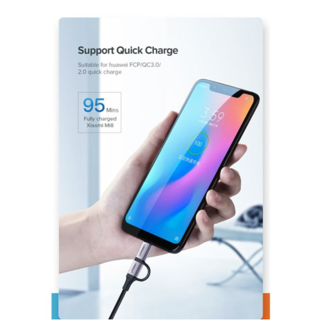 Kabel USB-A(m) => Micro USB/USB-C(m) 1,00m pleten ovoj črn Ugreen (30875)