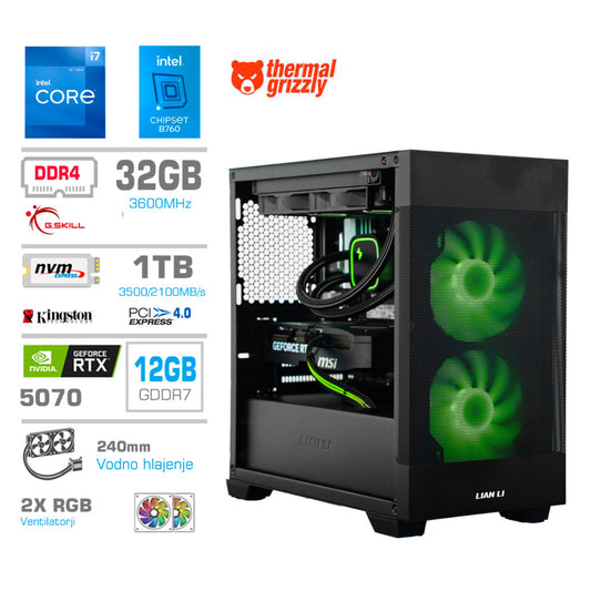 Računalnik MEGA MT S7X i7-12700K/RTX5070/32GB/1TB-4.0/750W/Brez OS/črna RGB + Estetski napajalni kabli [Zelena / Črna)