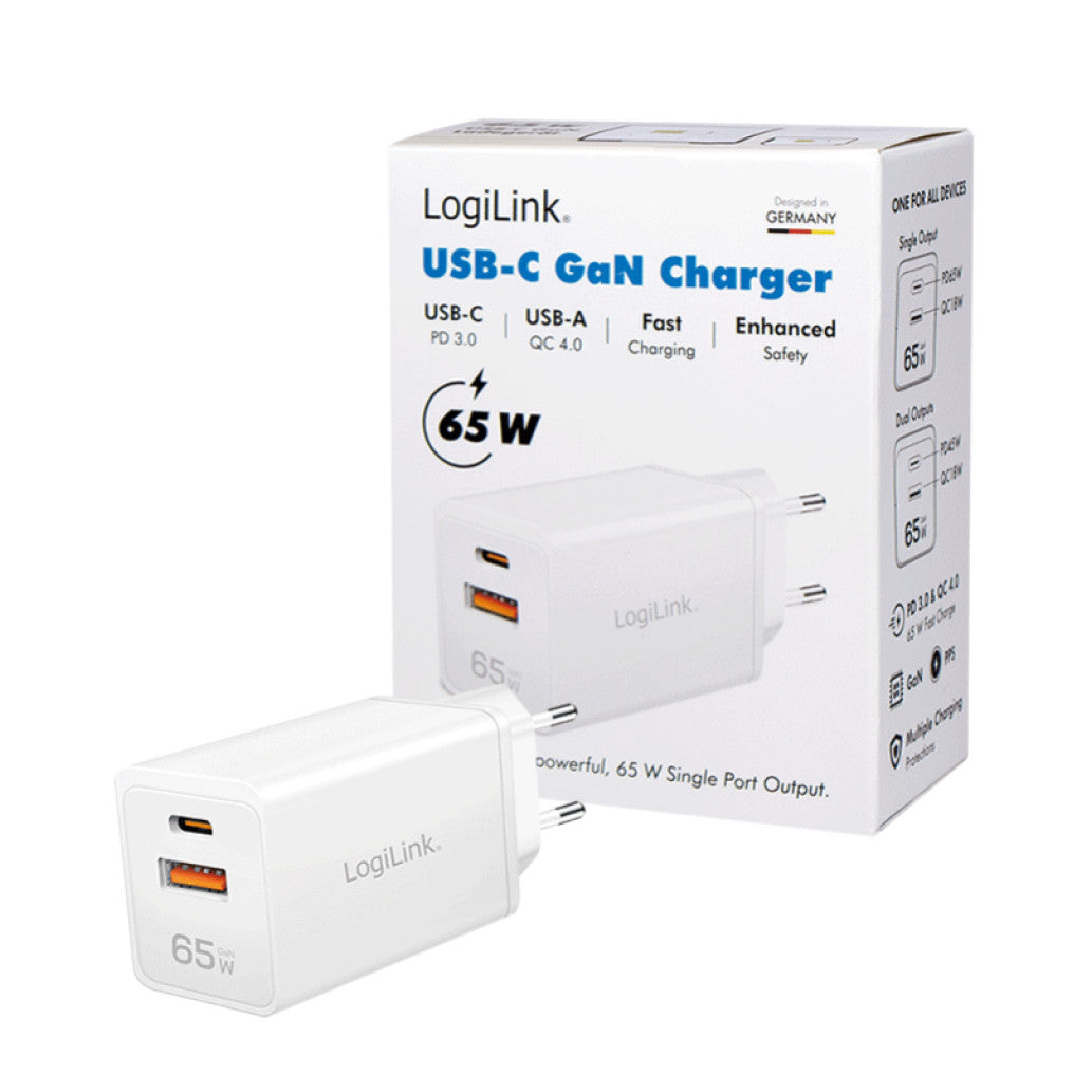 Hišni polnilec 100-240V => 1x USB-C (ž) 1x USB-A (ž) 65W GaN PD3 QC4 LogiLink (PA0371)