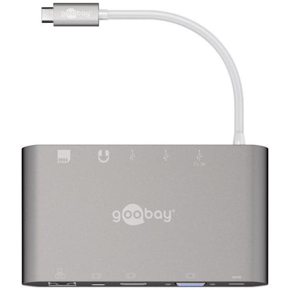 Priklopna postaja USB-C => Goobay 1xHDMI 1xMiniDisplayPort VGA 3xUSB3.0 1xUSB-C PD 60W 1xLAN 1x3,5mm čitalec kartic SD/microSD (62113)