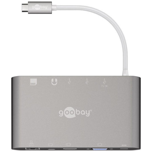 Priklopna postaja USB-C => Goobay 1xHDMI 1xMiniDisplayPort VGA 3xUSB3.0 1xUSB-C PD 60W 1xLAN 1x3,5mm čitalec kartic SD/microSD (62113)