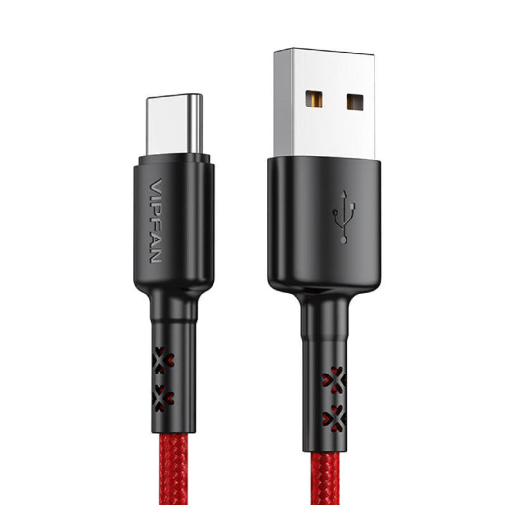 Kabel USB-C => USB-A 2.0 tekstil ovoj 1,20m 3A Vipfan X02 – rdeč (X02TC)