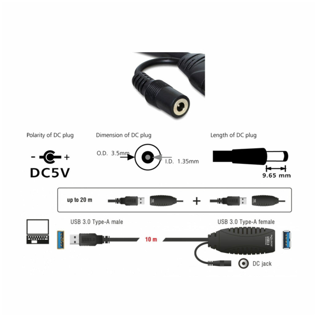 Kabel USB-A(m)=>USB-A(m) 3.0 10,00m Delock podaljšek z napajanjem (83415)
