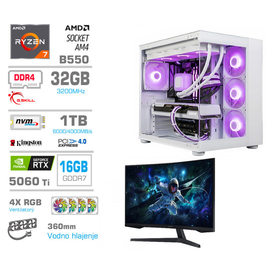 Računalnik MEGA MT S5 R7-5700X/RTX5060Ti-16GB/32GB/1TB/750W/Brez OS/bela RGB | Gaming monitor Dell 27,0" 180Hz 4K + Estetski napajalni kabli [Vijolična / Bela]