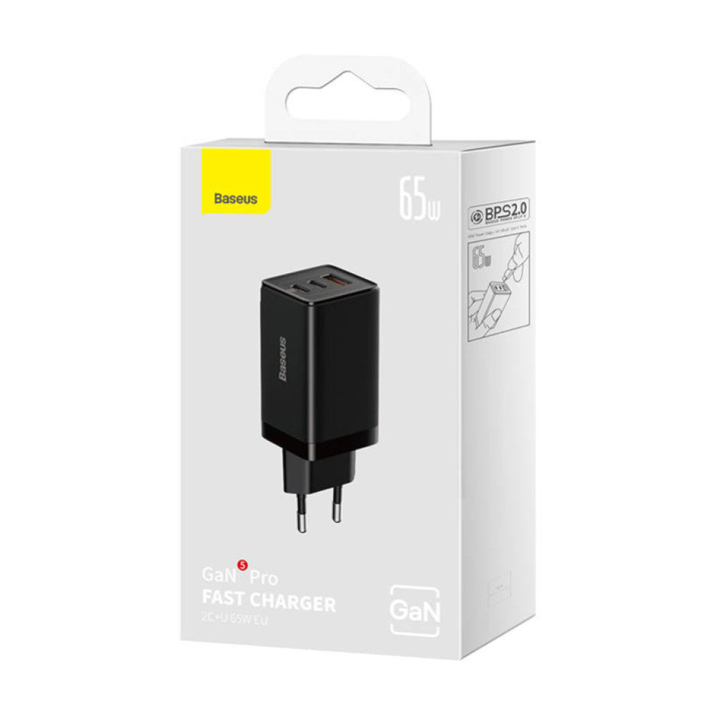 Hišni polnilec 100-240V => USB-A 2x USB-C 65W za mobilni telefon ali tablični računalnik Baseus GaN5 Pro PD3 + PPS + QC3 (CCGP120201)