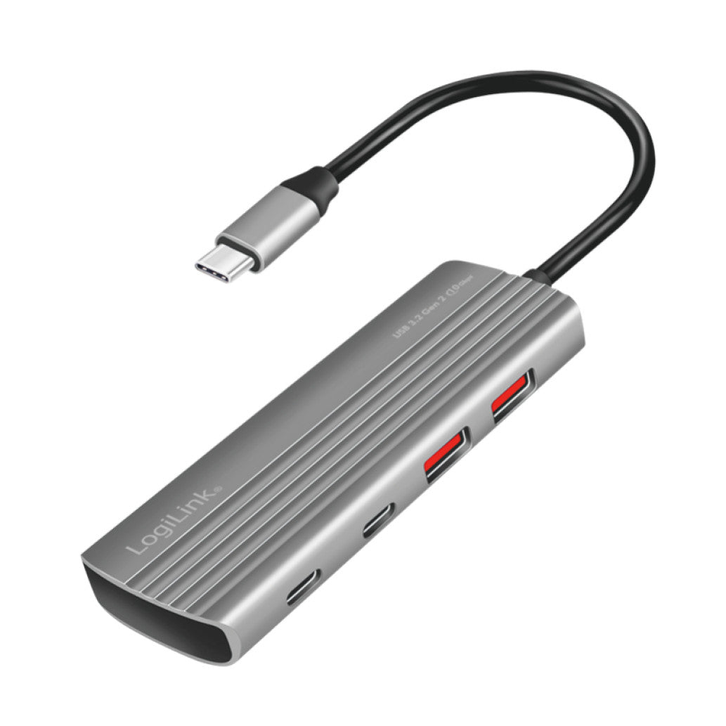 HUB USB-C => 2xUSB3.2 Gen2 tip A in 2xUSB-C3.2 Gen2 PD3.0 100W 10Gbps 20cm ALU ohišje space gray Logilink (UA0413)