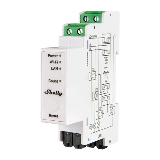 Pametna hiša - trifazni mernilnik energije SHELLY Pro 3EM 120A V2, Ethernet, Wi-Fi, Bluetooth, za montažo na DIN letev, trifazni merilnik energije