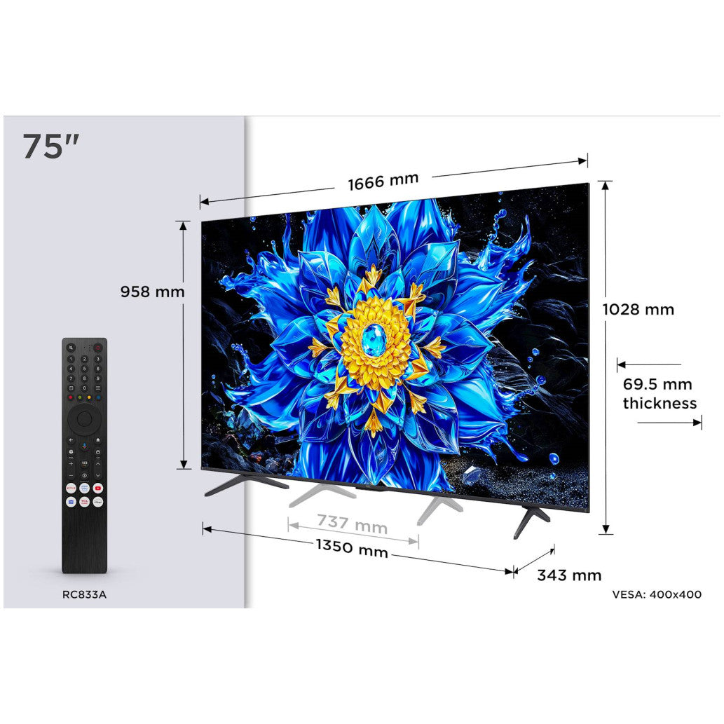 TV sprejemnik TCL 75,0" 190,5 cm 75P8L 3840x2160 QD Mini LED Google TV 4xHDMI USB BT WiFi  HDR10+
