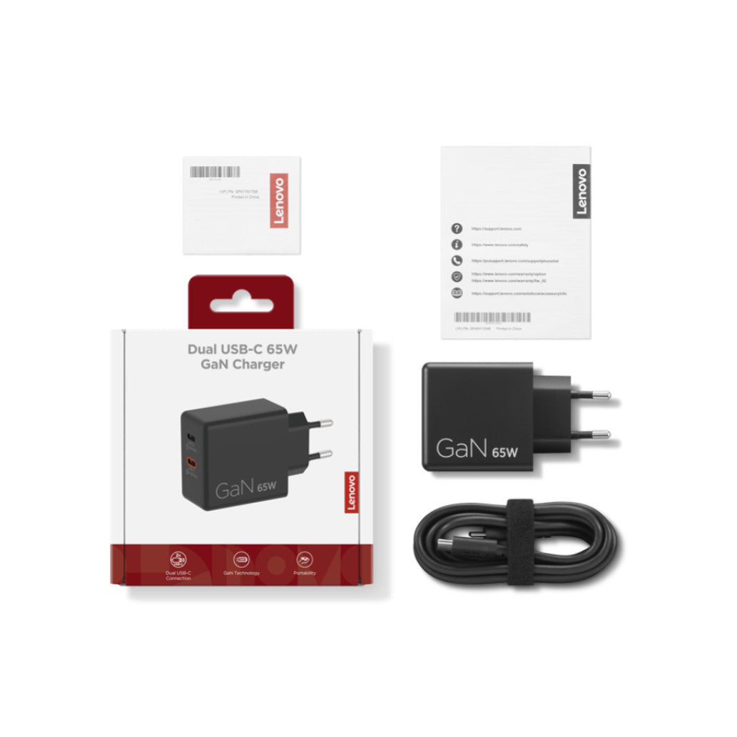 Hišni polnilec 100-240V => 2x USB-C 65W Lenovo Dual GaN + priložen USB-C kabel