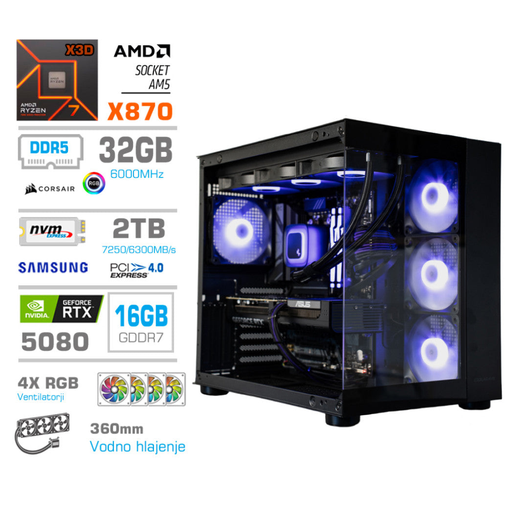 Računalnik MEGA MT S5 R7-9850X3D/RTX5080/32GB-DDR5/2TB/1050W/Brez OS/črna RGB + Estetski napajalni kabli [Vijola / Črna]