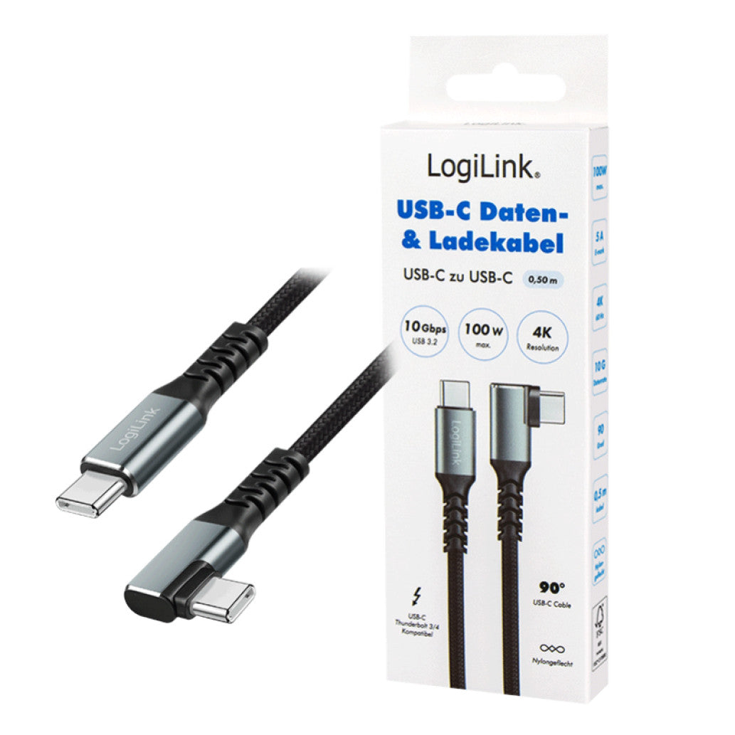 Kabel USB-C (m) => USB-C (m) 3.2 0,50m 100W 5A/20V 10 Gbps 90 kotni pletenj ovoj črn LogiLink (CU0270)