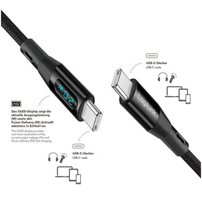 Kabel USB-C (m) => USB-C (m) 2.0 2,0m 240W 5A/48V 480Mbps LED zaslon črn LogiLink (CU0447)