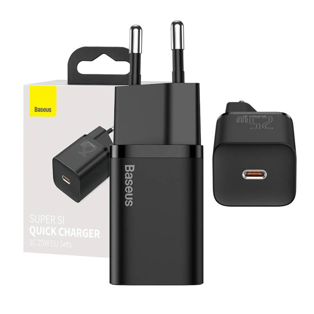 Hišni polnilec 25W 100-240V => USB-C (ž) hitri Baseus 25W QuickCharge Super Si 1C črn (CCSP020101)