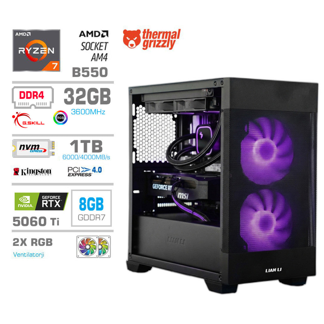 Računalnik MEGA MT S7X R7-5700X/RTX5060Ti/32GB/1TB/750W/Brez OS/črna RGB + Estetski napajalni kabli [Vijolična / Črna]
