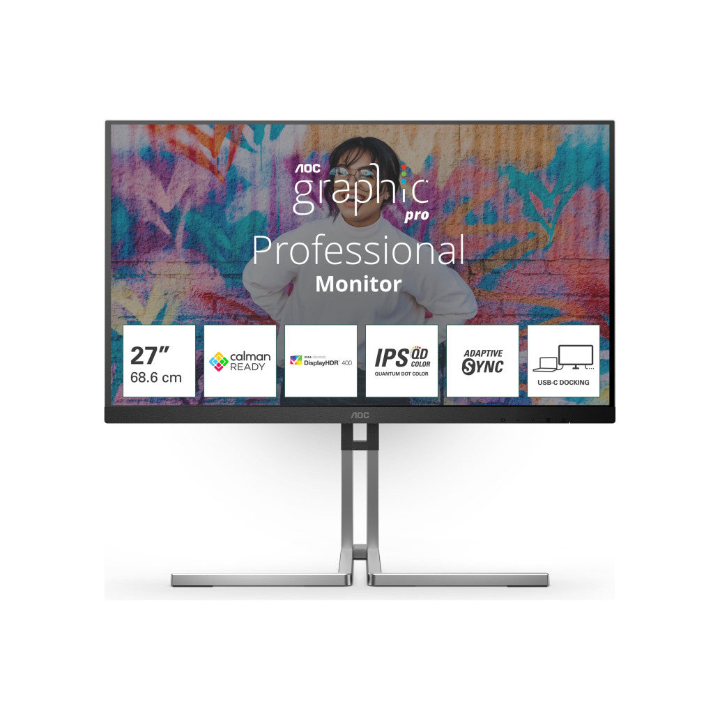 Monitor AOC 68,6 cm (27,0") Q27U3CV 2560x1440 Grafika 75Hz IPS 4ms HDMI DisplayPort USB-C 96W DP-Out 4xUSB3.2 USB-C-Out Pivot Zvočniki 2x3W  3H DCI-P3-98% AdaptiveSync RJ45 HDR400 U3