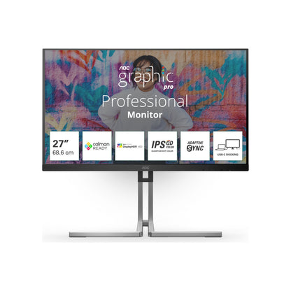 Monitor AOC 68,6 cm (27,0") Q27U3CV 2560x1440 Grafika 75Hz IPS 4ms HDMI DisplayPort USB-C 96W DP-Out 4xUSB3.2 USB-C-Out Pivot Zvočniki 2x3W  3H DCI-P3-98% AdaptiveSync RJ45 HDR400 U3