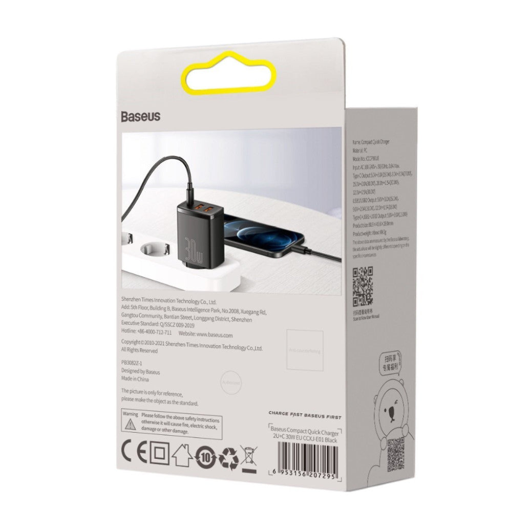 Hišni polnilec 100-240V => 2x USB-A (ž) 1x USB-C 30W za mobilni telefon ali tablični računalnik Baseus PD3 + QC3 - črn (CCXJ-E01)