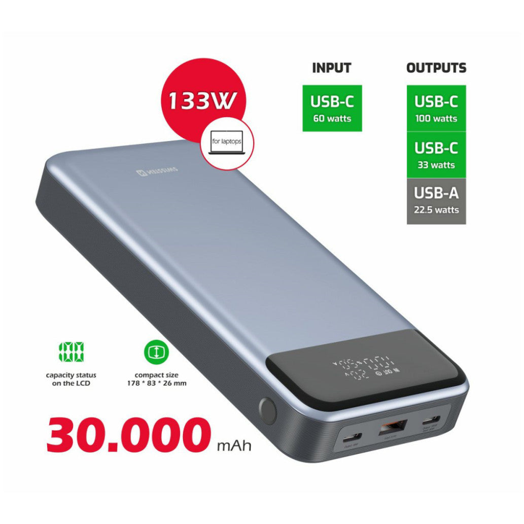 Prenosna baterija Swissten 30000mAH 133W PD 2xUSB-C USB-A (22013917)
