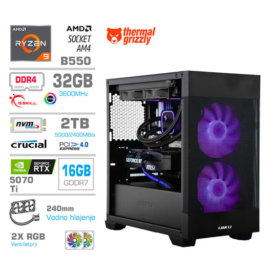 Računalnik MEGA MT S7X R9-5950X/RTX5070Ti/32GB/2TB-4.0/750W/Brez OS/črna RGB + Estetski napajalni kabli [Vijola / Črna]