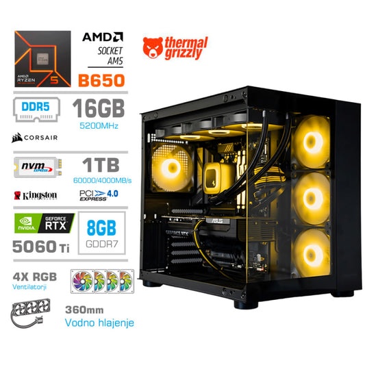 Računalnik MEGA MT S5 R5-7600X/RTX5060Ti/16GB-DDR5/1TB/750W/Brez OS/črna zelena RGB + Estetski napajalni kabli [Rumena / Črna]