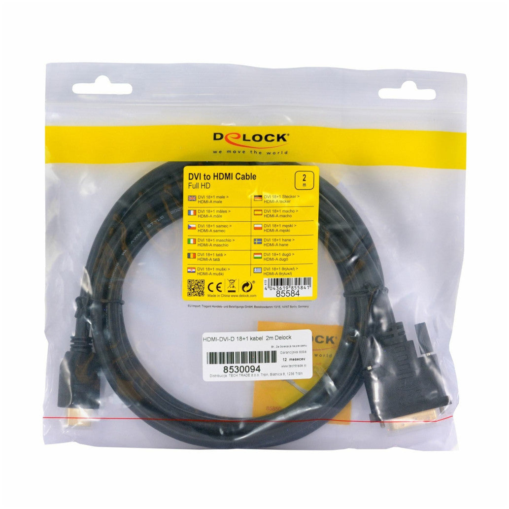 Kabel HDMI(m)=>DVI Digital (18+1) 2,00m Delock 85584