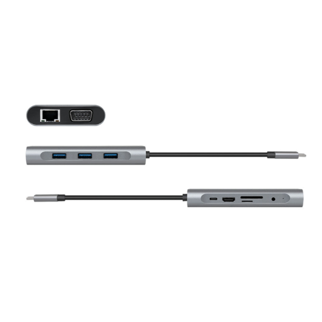 Priklopna postaja USB-C => 3x USB tip A 1xUSB-C PD 100W 1x HDMI 1x VGA1x RJ45 1x 3,5mm avdio 1x čitalec kartic SD/microSD LogiLink (UA0383) EOLS-P