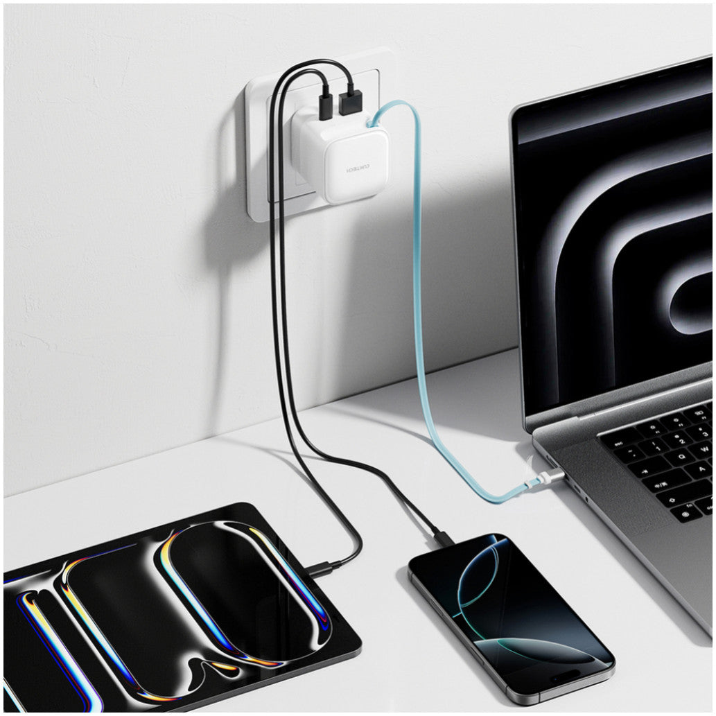 Hišni polnilec 100-240V => 1x USB-C 1x USB-A AD653W 67W GaN z izvlečnim 70cm USB-C kablom Cektech bel (AD653W)