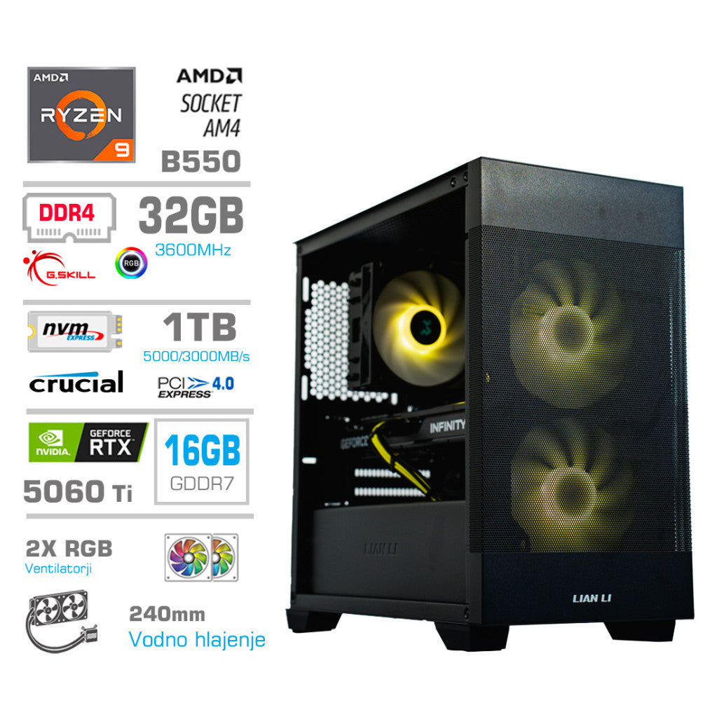 Računalnik MEGA MT S7X R9-5950X/RTX5060Ti-16GB/32GB/1TB/750W/Brez OS/RGB + Estetski napajalni kabli [Rumena / Črna]