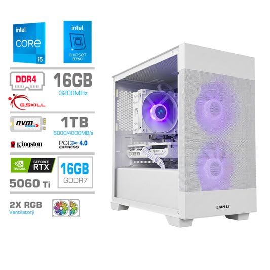 Računalnik MEGA MT S7X i5-14400F/RTX5060Ti-16GB/16GB/1TB/750W/Brez OS/bela RGB + Estetski napajalni kabli [Vijolična/Bela]