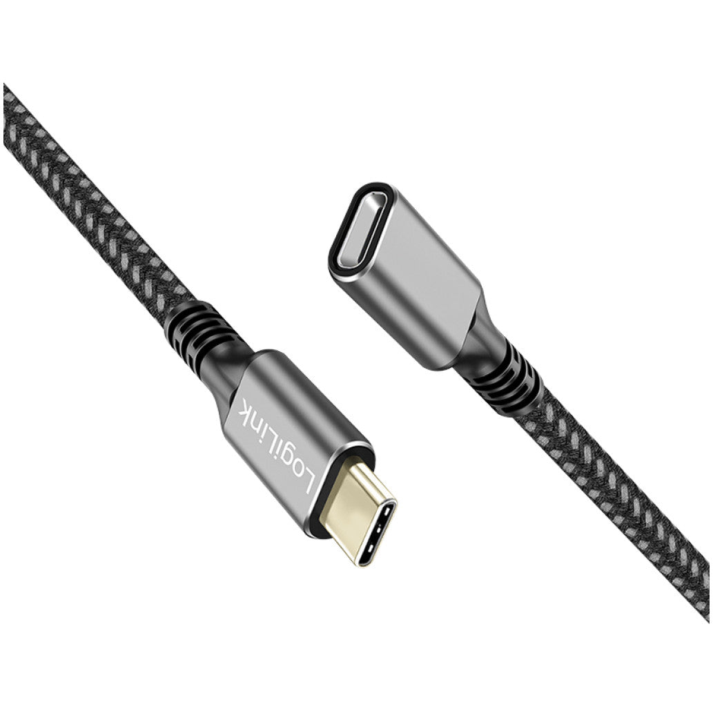 Kabel USB-C(m) => USB-C(ž) 3.2 Gen2 podaljšek najlon ovoj 1,0m 100W 5A/20V 10Gbps črn/siv LogiLink (CUA0108)