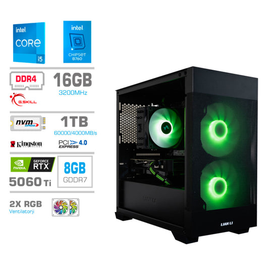 Računalnik MEGA MT S7X i5-14400/RTX5060Ti/16GB/1TB/750W/Brez OS/črna + Estetski napajalni kabli [Zelena / Črna]