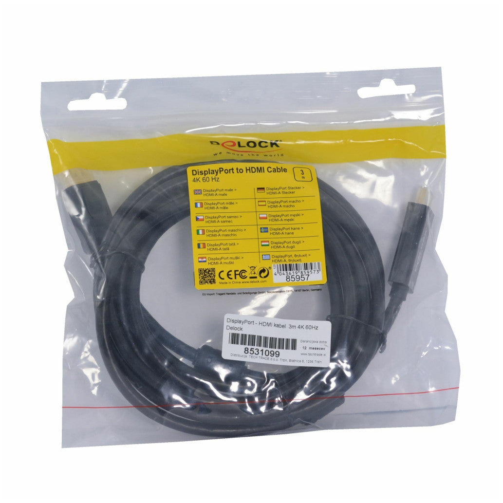Kabel DisplayPort(m)=>HDMI(m) 3,00m 4K/60Hz črn Delock (85957)