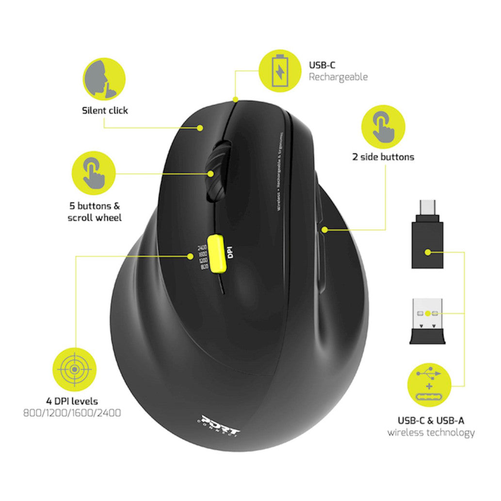 Miš brezžična + Bluetooth ergonomska Port Ergo 2400DPI za levičarje 5 gumbov črna (910008)