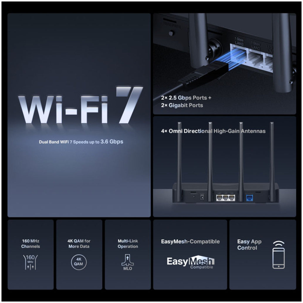 Usmerjevalnik brezžični MERCUSYS WiFi7 802.11be BE3600 3xLAN+WAN 4x antena (MR27BE)