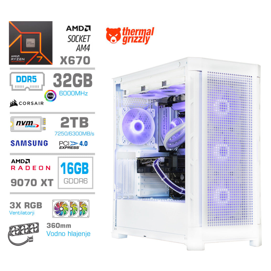 Računalnik MEGA TWR S11 R7-7700X/RX9070 XT/32GB-DDR5/2TB-4.0/1050W/Brez OS/bela RGB + Estetski napajalni kabli [Vijolična / Bela]