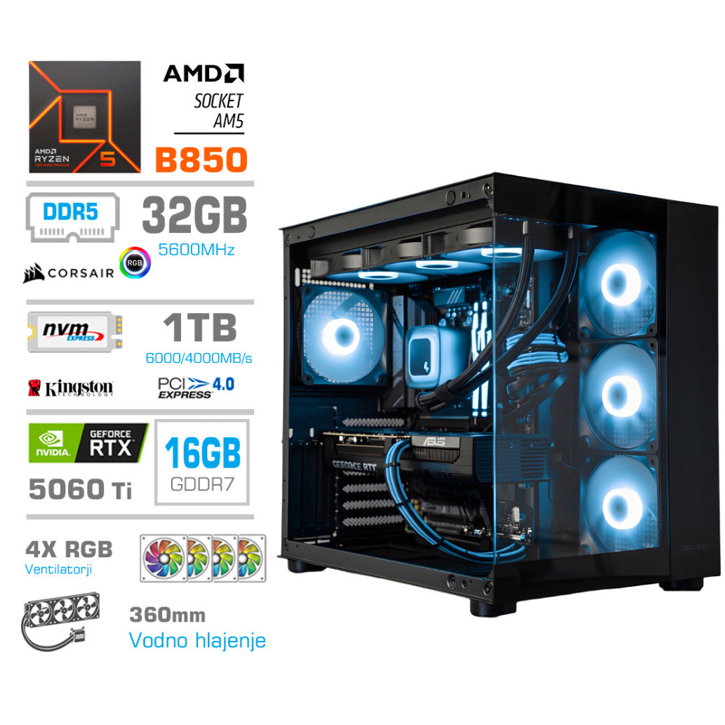 Računalnik MEGA MT S5 Ryzen 5 9600X/RTX5060Ti-16GB/32GB-DDR5/1TB-4.0/750W/Brez OS/črna RGB + Estetski napajalni kabli [Svetlo modra / Črna)