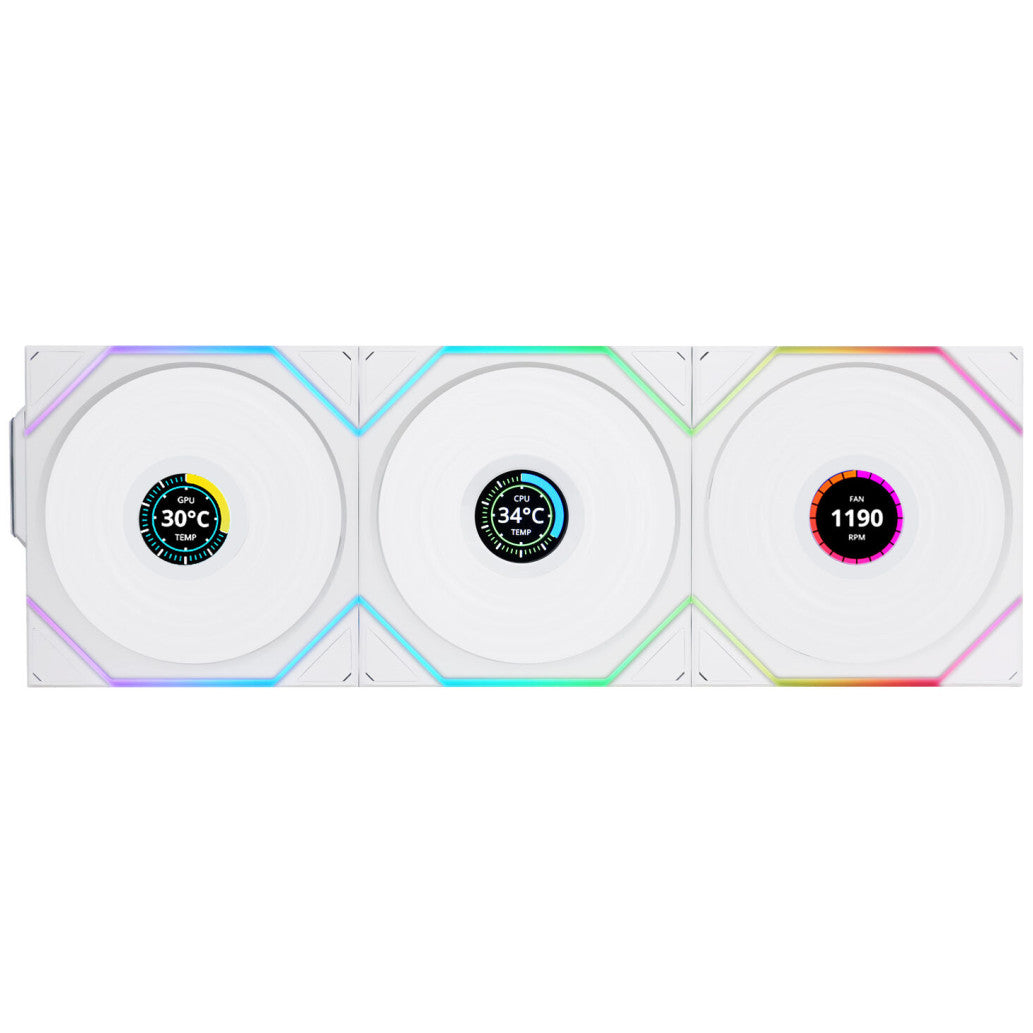 Ventilator Lian-Li UNI FAN TL Wireless LCD 120mm bela ARGB (Reverse Blade 3 pack + kontroler)