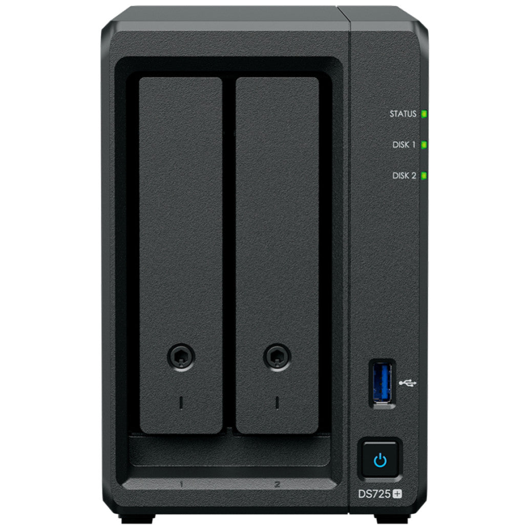 NAS ohišje Synology DS725+ 2x3.5'' SATA HDD/SSD 2x M.2 NVMe AMD Ryzen R1600 2-core (4-thread) 2.6 GHz 4GB DDR4 ECC SODIMM 1xRJ-45 1GbE, 1xRJ45 2.5GbE 1xUSB 3.2 Gen1 1xeSATA USB-C