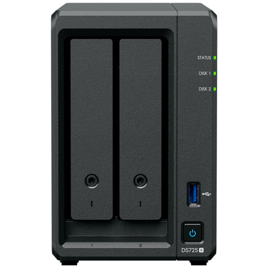 NAS ohišje Synology DS725+ 2x3.5'' SATA HDD/SSD 2x M.2 NVMe AMD Ryzen R1600 2-core (4-thread) 2.6 GHz 4GB DDR4 ECC SODIMM 1xRJ-45 1GbE, 1xRJ45 2.5GbE 1xUSB 3.2 Gen1 1xeSATA USB-C