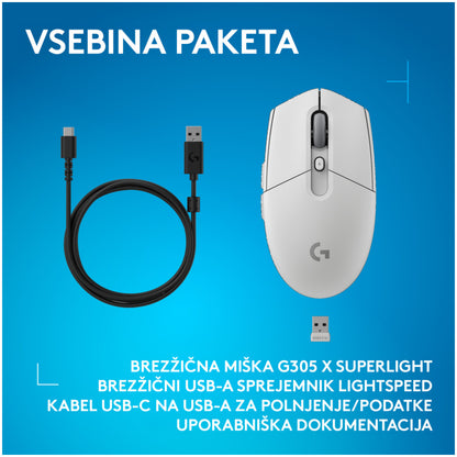 Gaming miška brezžična Logitech G305 X Superlight, bela (910-007747)
